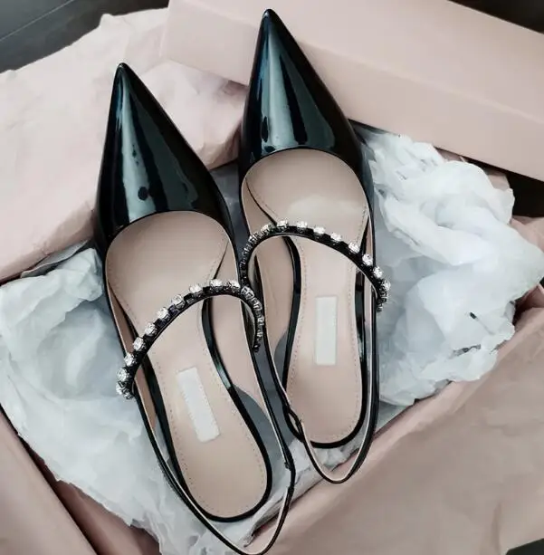 Dipsloot Spring Woman Nude Sliver Black Crystal Slingback Pumps Female Pointed Toe Shallow Elastic Band Slip On Wedding Shoes