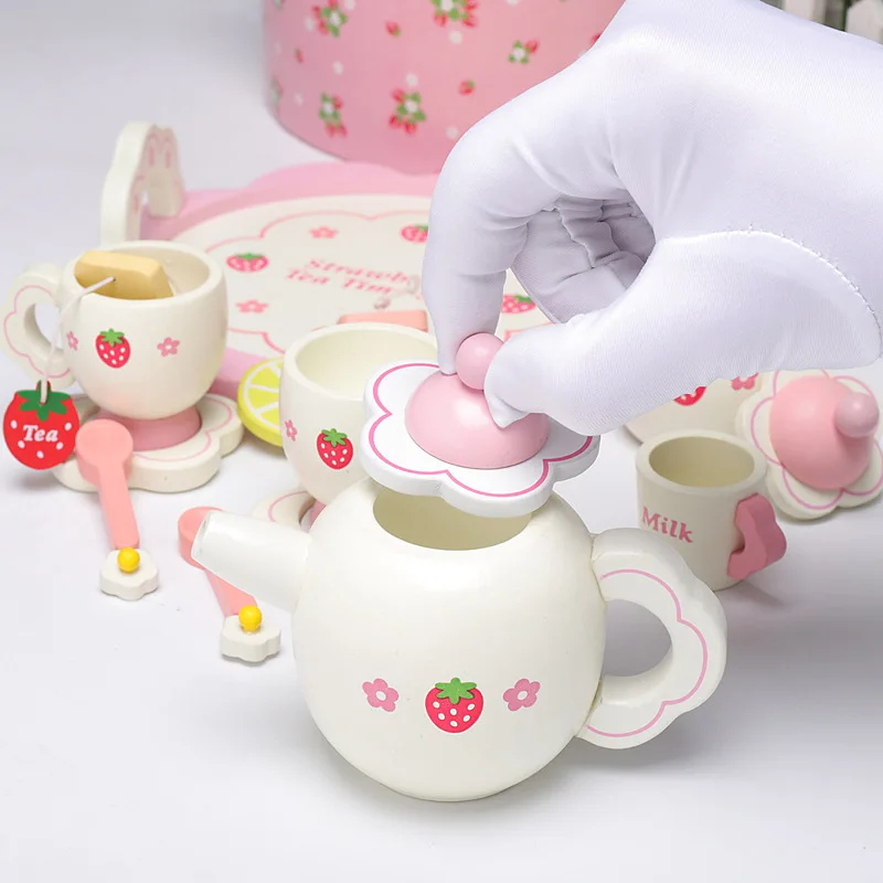 Wooden Tea Cup Set Kids Kitchenware Toy Girl\'s Pink Teatime Tableware Mini Tea Things Teapot Tray Spoon Kit With Box