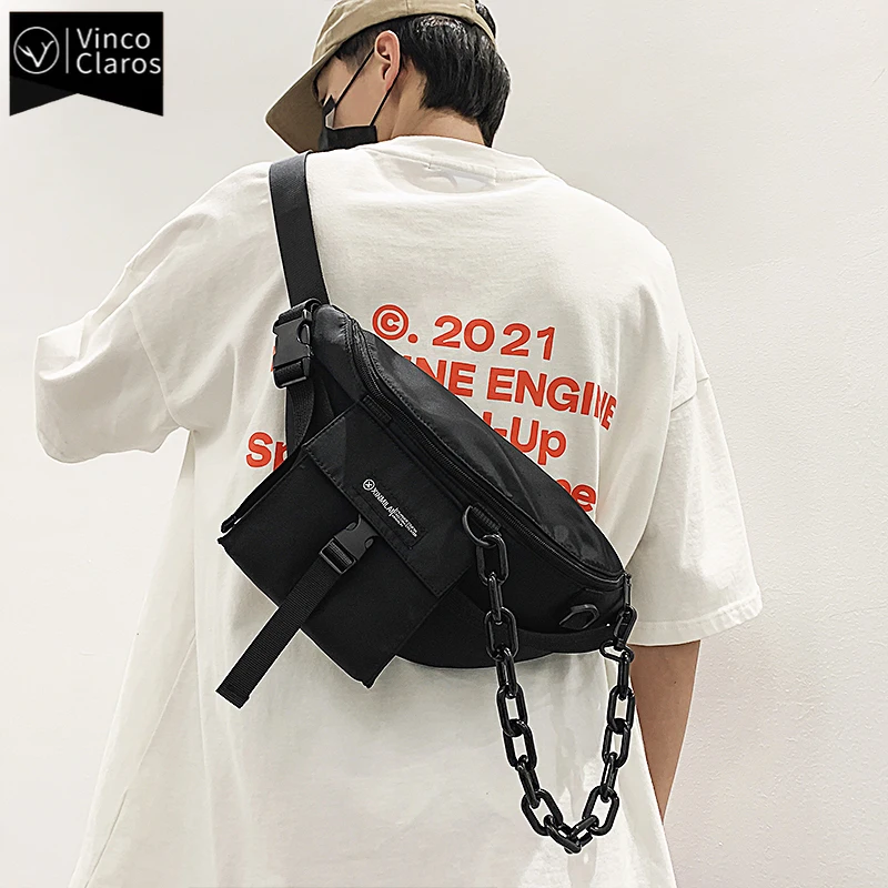 Cool Black Chains Chest Bags for Men Trend Streetwear Men\'s Waist Bag Unisex Large Capacity Purse Belt Bag Nylon Fanny Pack 2021