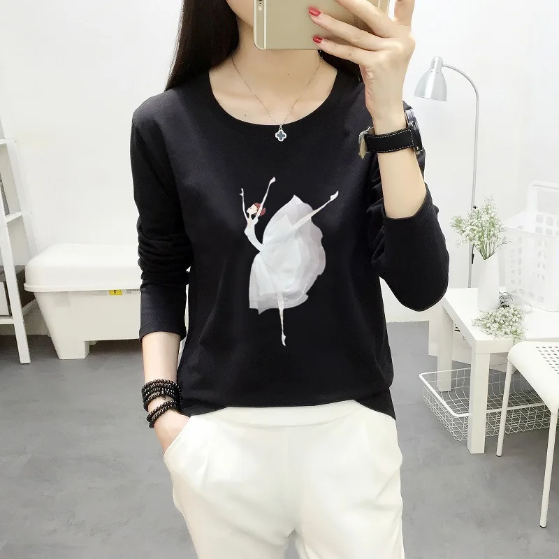 

Fashion New Spring Lady Top Tees M-2XL O-Neck Long-Sleeve T Shirts Dancing Girl Printing Solid Color Women T-shirt Party Gift