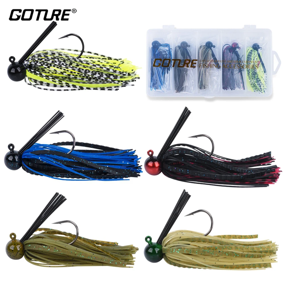 

Goture 5pcs 10g Bass Weedless Football Jig Silicone Rubber Skirt Sharp Mustad Hook #3/0 Flipping Jig Artificial Bait With Box