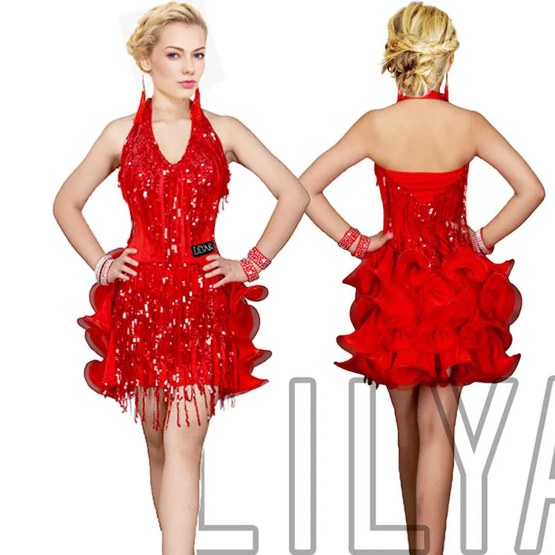 

New Latin Dance Competition Performance Dress Red Sexy Waist Wrapped Tassels Sparkling Diamond Dance Dress