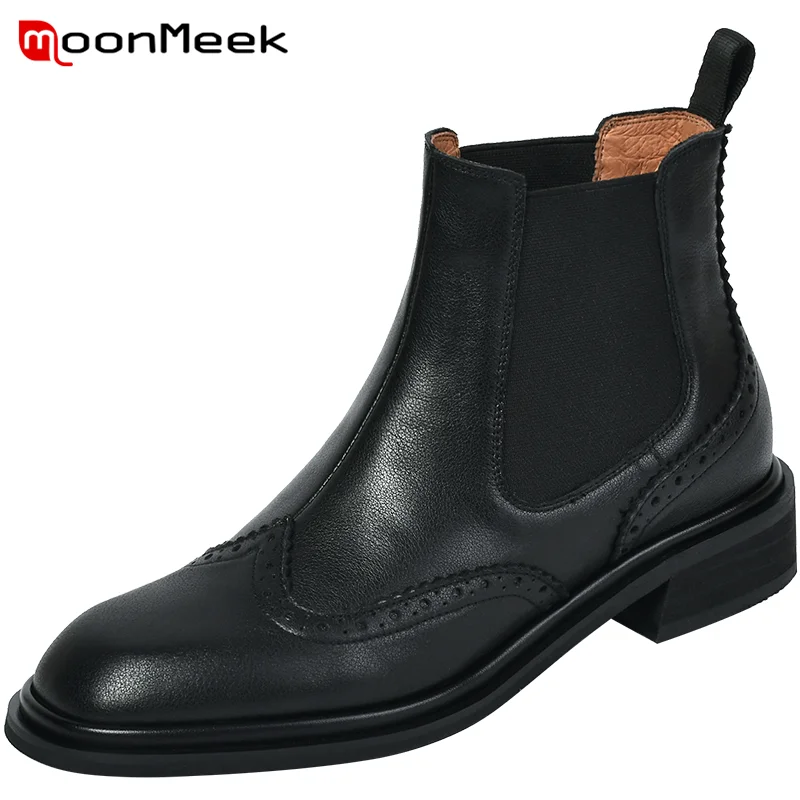 

MoonMeek 2022 Newest Genuine Leather Shoes Women Ankle Boots Round Toe Autumn Winter Low Heels Casual Shoes Women Chelsea Boots