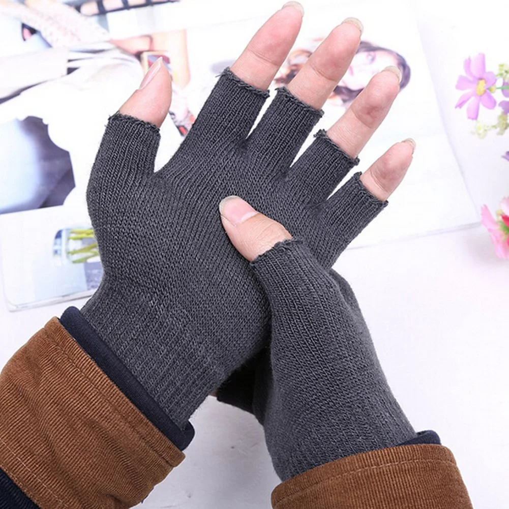 Guantes sin dedos de medio dedo negros para mujeres y hombres, guantes de algodón de muñeca de punto de lana, guantes de entrenamiento cálidos de