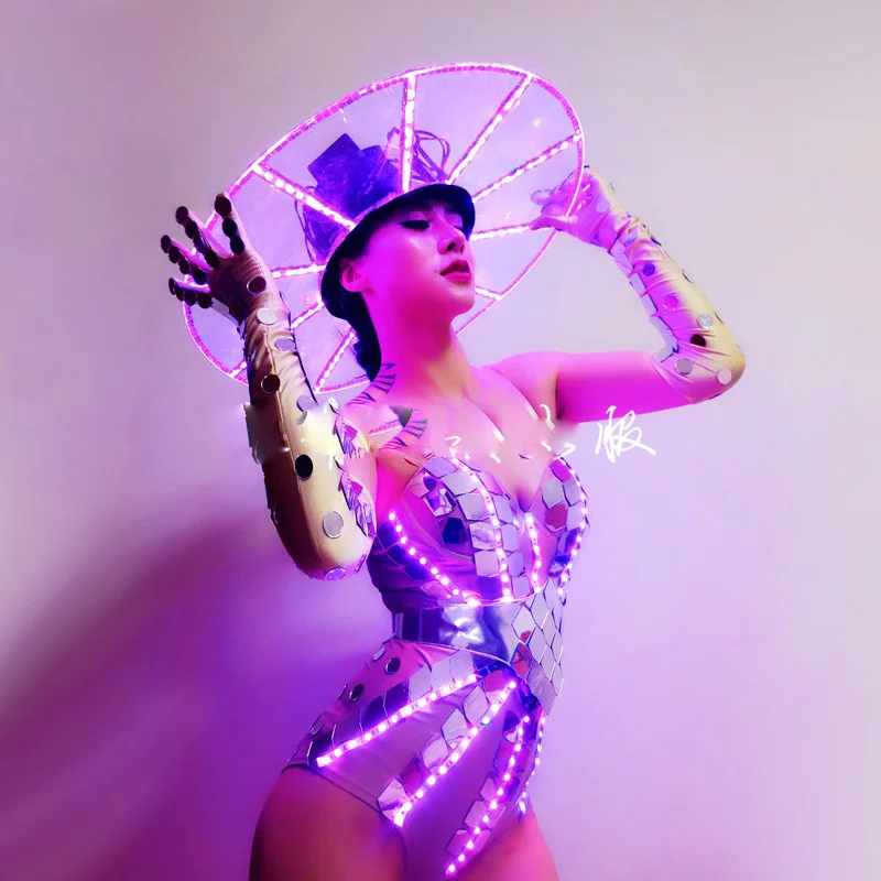 Sexy party girl dance outfit women stage show led lumious bodysuit mirror shinning outfit light up costume