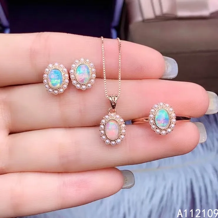 

Fine Jewelry 925 Pure Silver Inset With Natural Gem Women's Luxury Trendy Pearl Oval White Opal Pendant Ring Earring Set Support