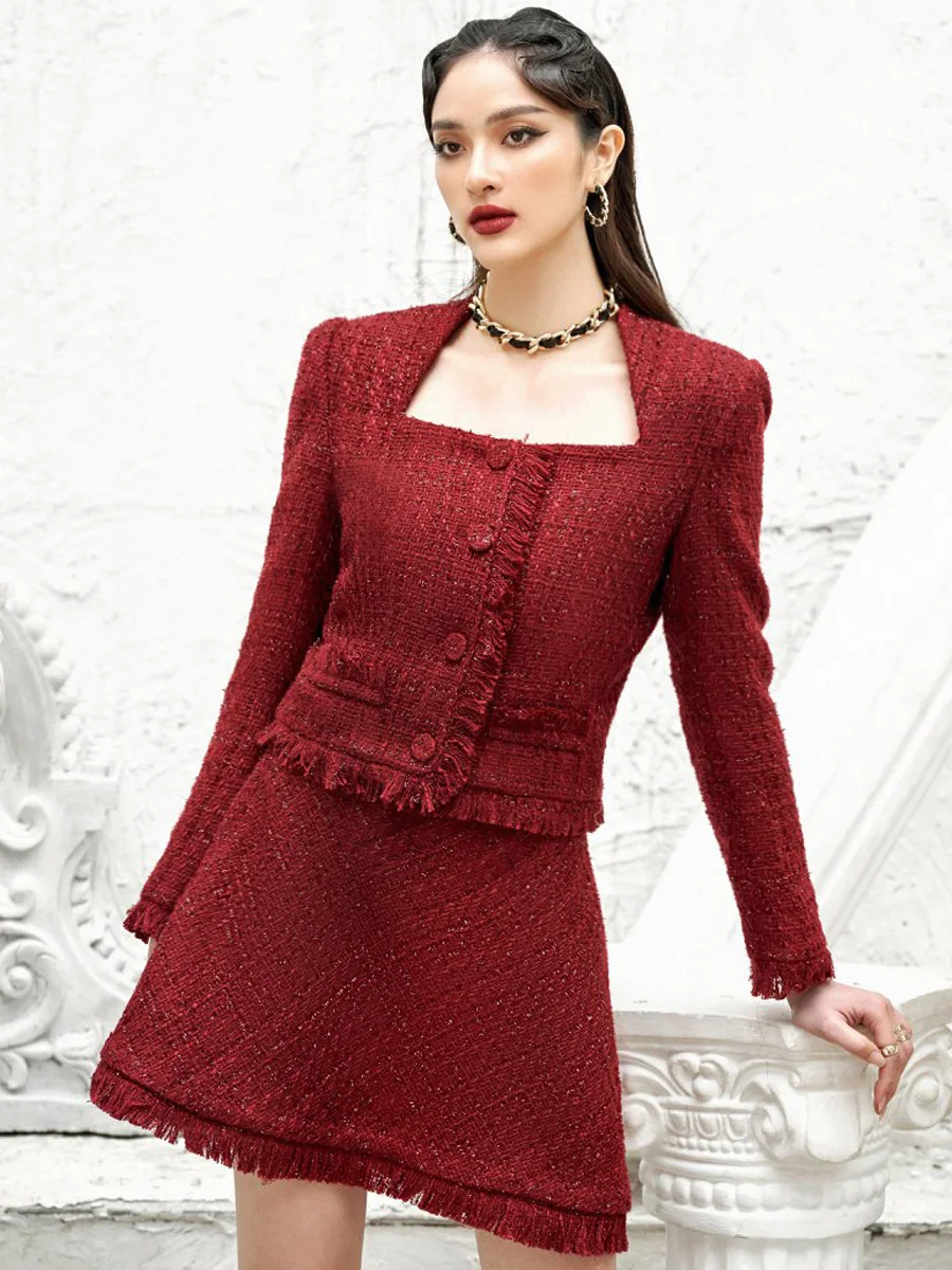 tailor shop winter French exquisite square collar exposed clavicle sexy small fragrance lady dark red woolen jacket skirt suit