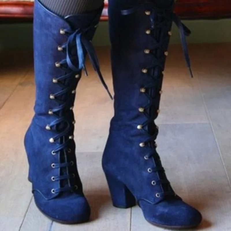 2021 Medieval Women's Casual Riding Boots Winter Lace Up Suede Long Tube Knight Boot Female High Heel Cowboy Shoes Mid-Calf Sexy