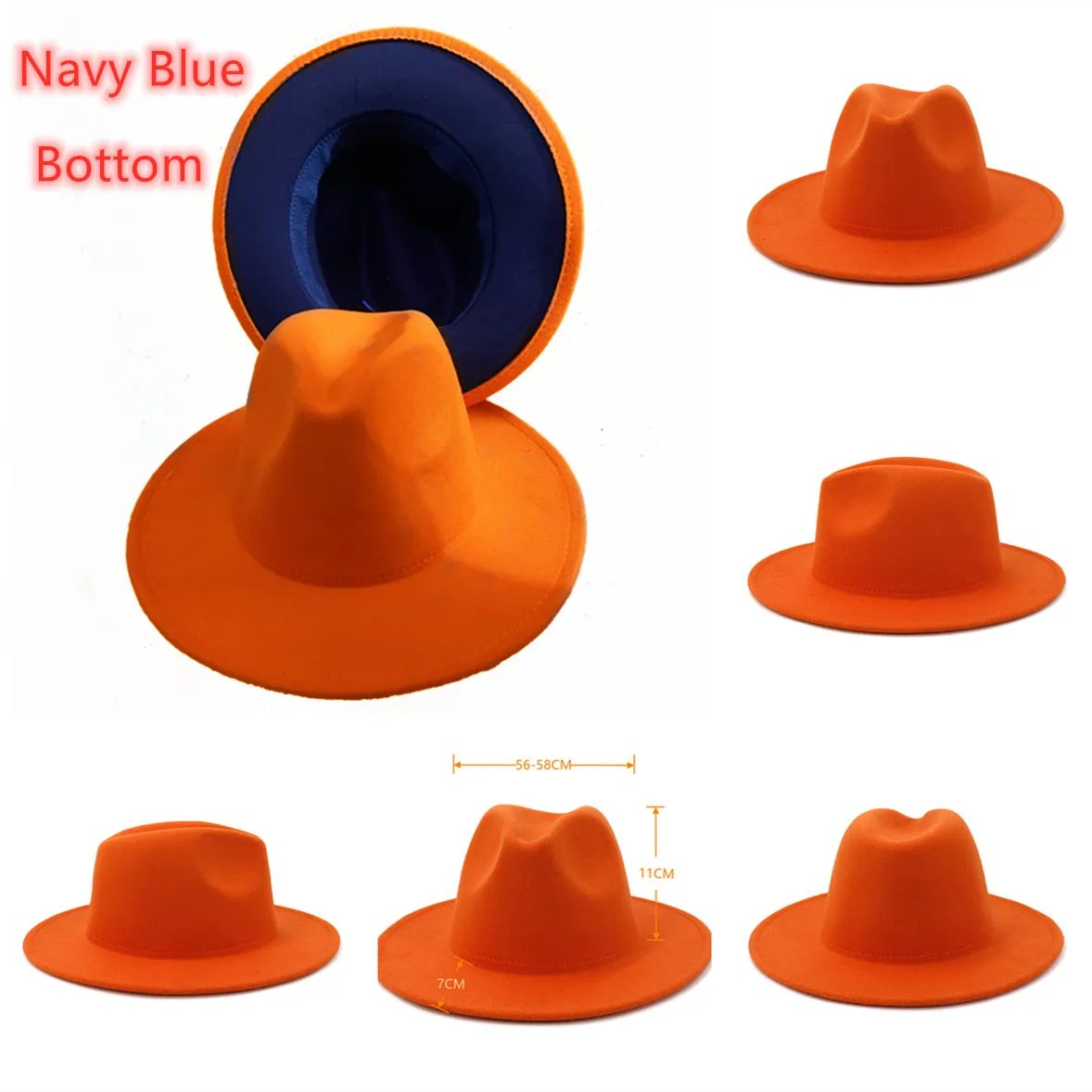 simple Orange outer navy blue bottom Patchwork Felt Hat Women Men Wide Brim Wool Jazz Fedora Hats Panama Hat Wholesale