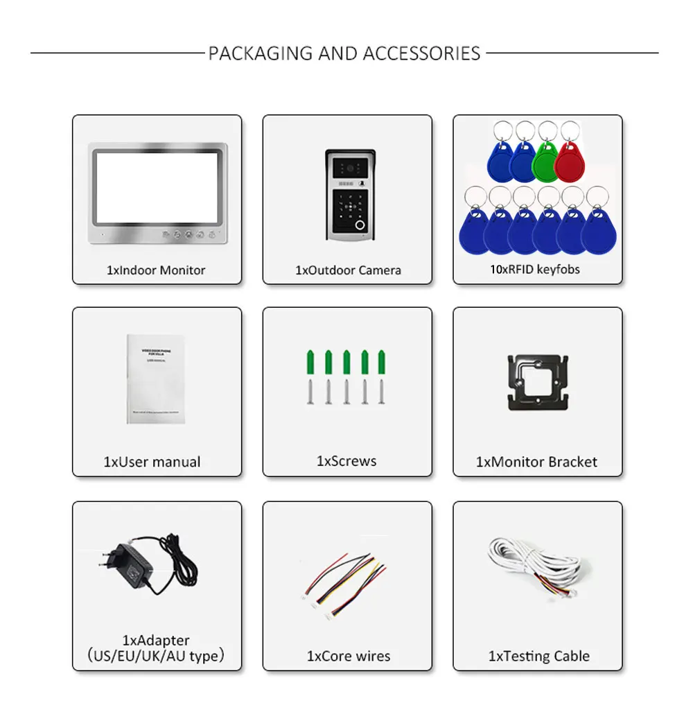 Pantalla de 9 pulgadas, intercomunicador con Wifi, sistema de grabación de teléfono y puerta, visión nocturna, timbre RFID, cámara de teléfono,