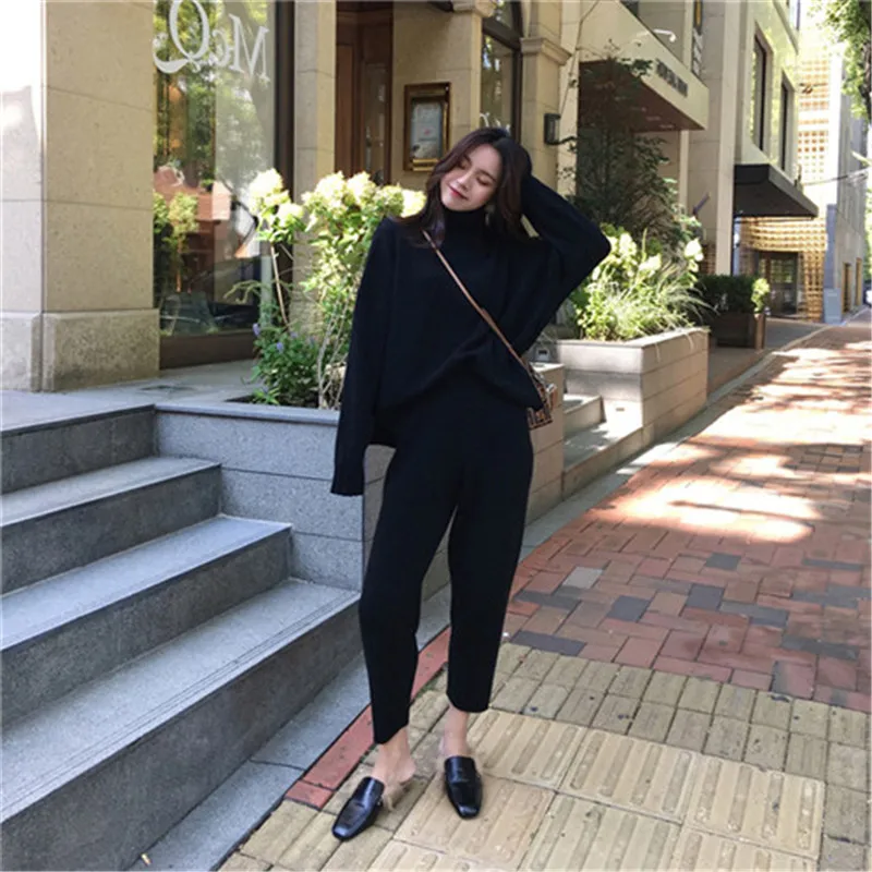 2 Pieces Set  Women Winter Autumn Knitted Tracksuit Turtleneck Sweater Knit Pants Women Loose Clothing Suits Female Pants Suit