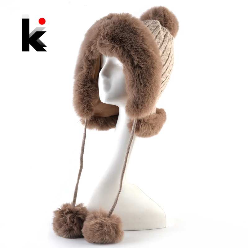 

Ladies Winter Beanie Knitted Wool Hats For Women Warm Faux Fur Beanies Bonnet Wihter Earflap Knit Solid Color Thick Pompom Hat