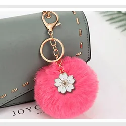 fashion flower charm pendant women bag fur ball key chain pompon pom pom cute puffy bunny plush fluffy furball keychain