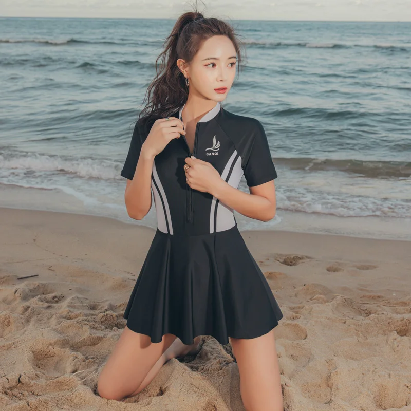 Swimsuit Women High Quanlity Zipper Short Sleeve  With Skirt One Piece Patchwork Push Up Swim Suit  Bathing Suit