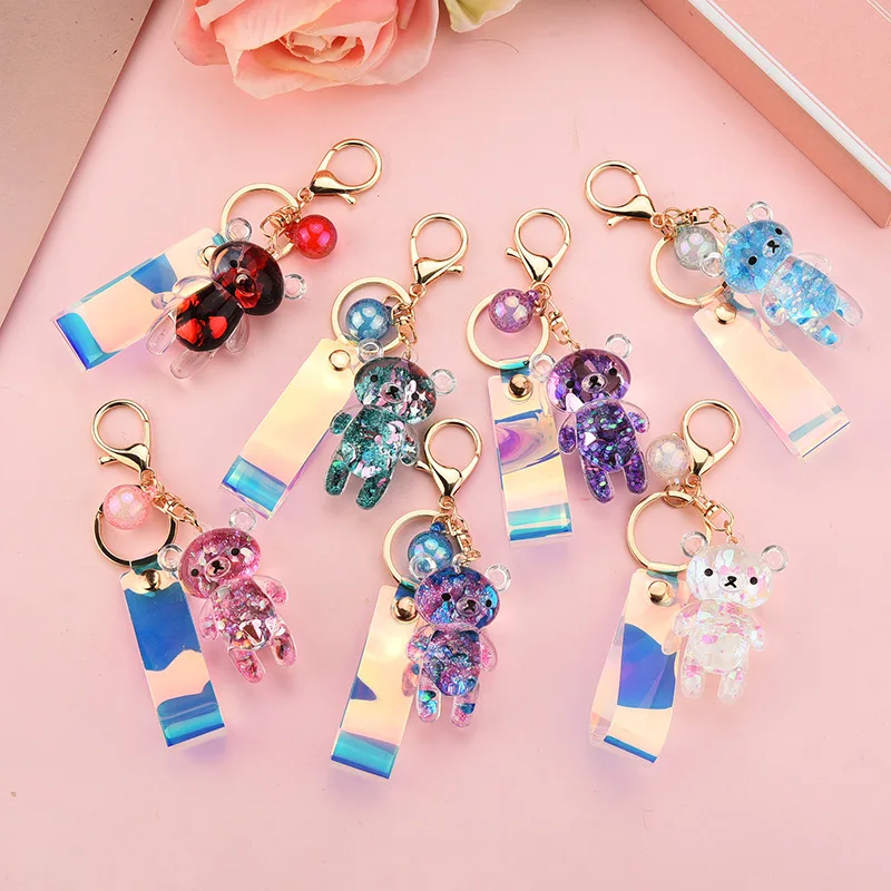 Bonito líquido glitter urso areia movediça lantejoulas chaveiro dos desenhos animados animal líquido chaveiro saco pingente casais keyfob chaveiro