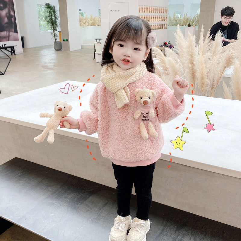 1 2 3 4 5 6 Year Baby Girls Sweatshirt Spring Autumn Warm Fleece Tops Cute Bear Pullover Children\'s Sweater Toddler Girl Clothes