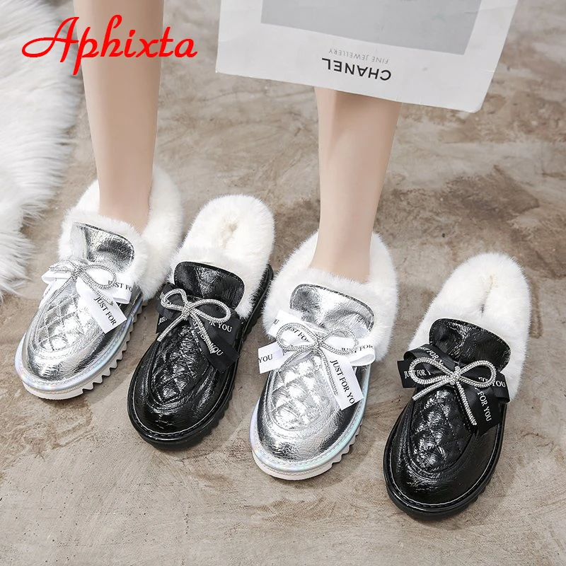 APHIXTA Plush Warm Silver Winter Snow Women Boots Shoes Platform Flat Heel Bling Crystals Bow Waterproof Fur Round Head Shoes