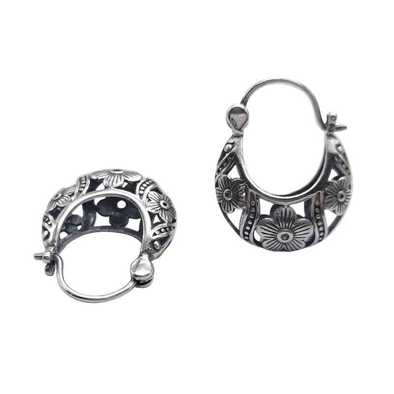 BOCAI S925 Sterling Silber Ohrringe Aushöhlen Blume Korb Retro Alten Totem Ohr Clips Reine Argentum Ohr Schmuck Für Frauen