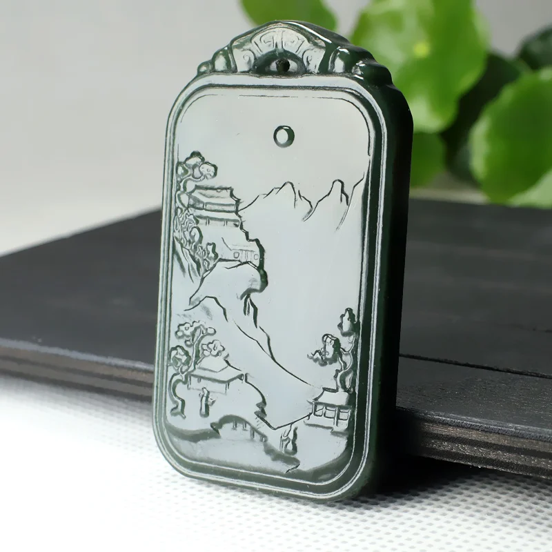 

High Quality Bottle Green Jade Pendant Hand Carved landscape paint Amulet Hanging Necklace