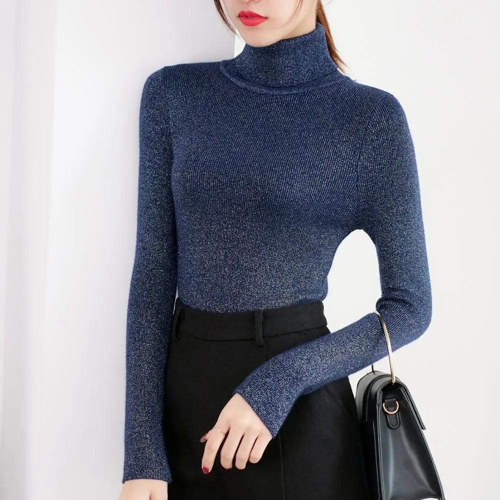 gkfnmt Shiny Lurex Turtleneck Sweater Women Knitted Warm Pullover Sweaters Long Sleeve Autumn Winter Slim Jumper Soft Pull Femme