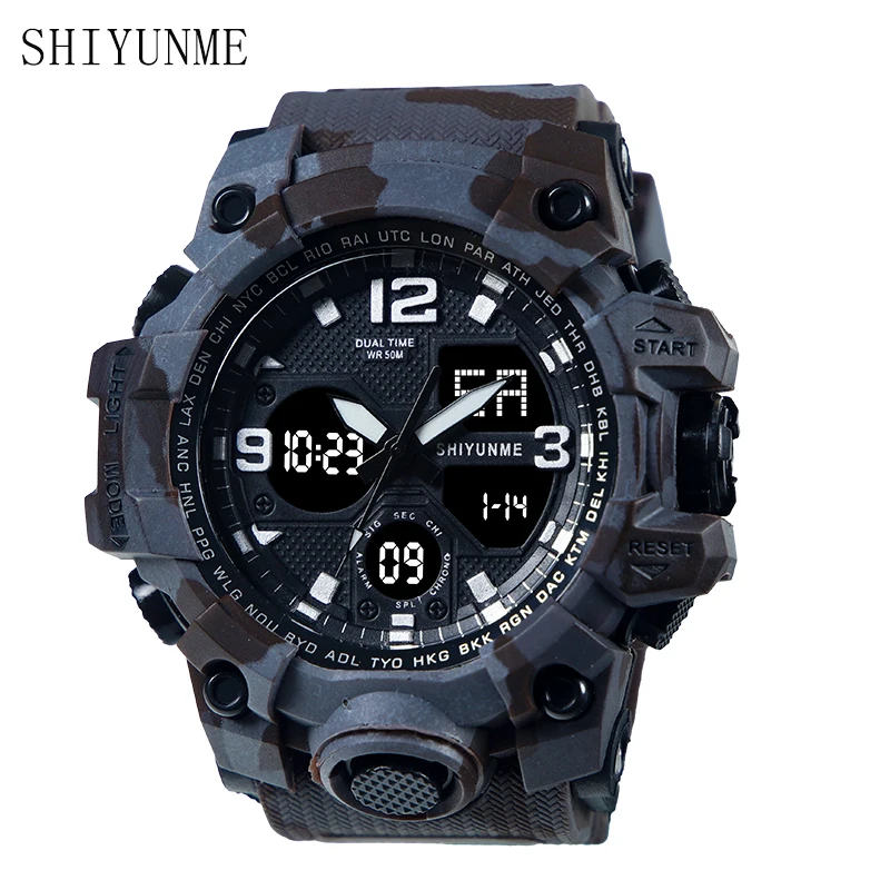 SHIYUNME Camouflage Military Digital-watch Men\'s G Style Sports Army Waterproof Dual Display Multi-Time Zone Quartz Watch