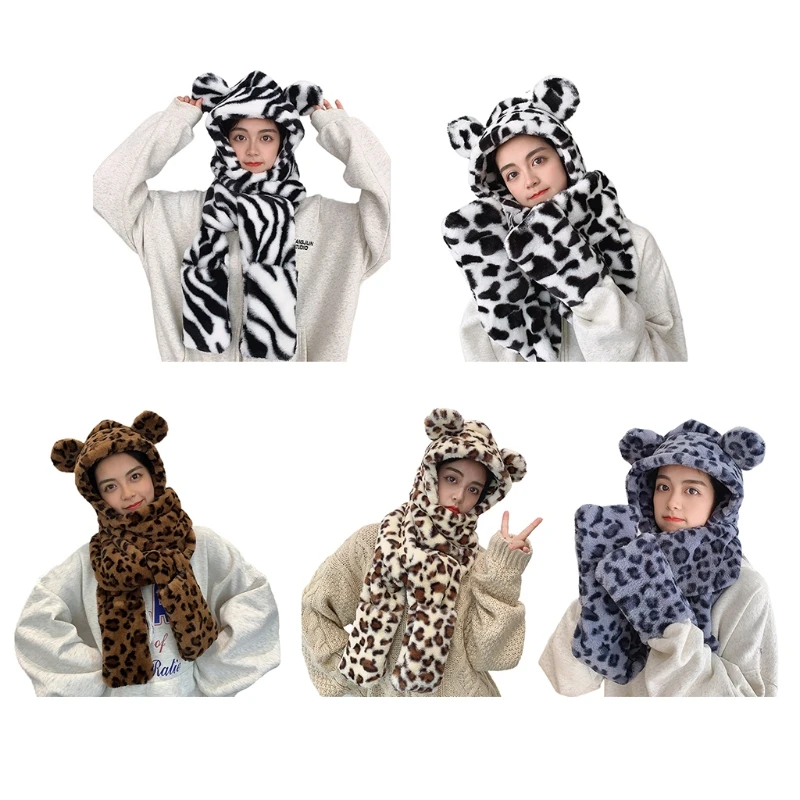 

3 In 1 Winter Warm Leopard Soft Fashion Thickening Hood Scarf Snood Pocket Hats Gloves Hooded Srarves Scarf Hat Glove