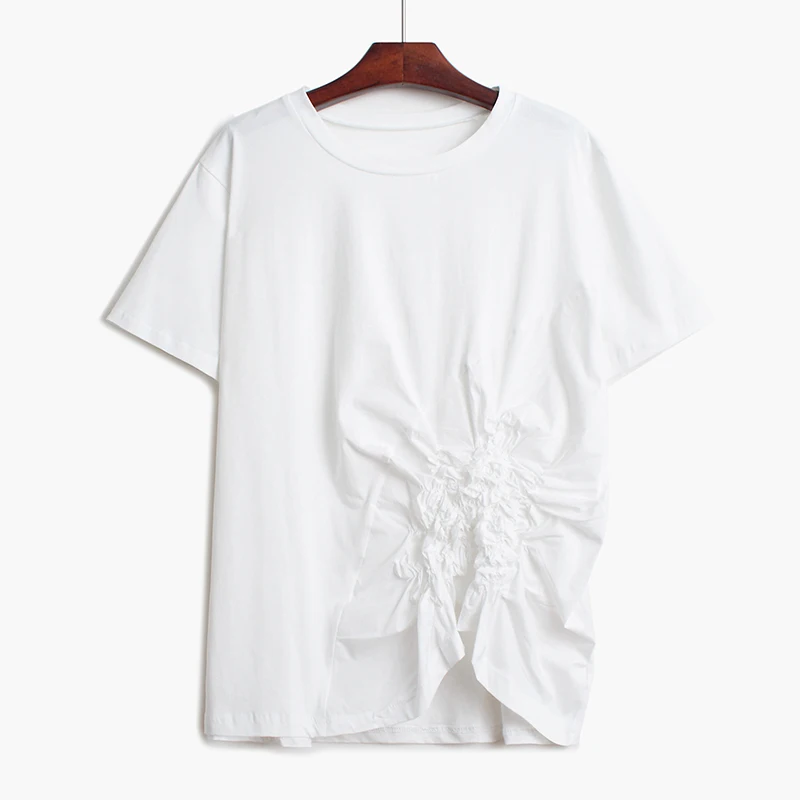 Women Gray Pleated Split Asymmetrical Temperament T-shirt New Round Neck Short Sleeve Fashion Spring Summer 2020 V431