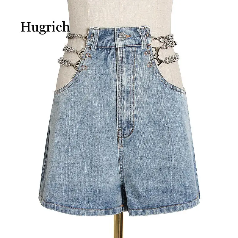 Women Shorts Sexy Denim Shorts Chain Hollow Out High Waisted Summer Jeans Shorts 2021 Fashion New Arrival Blue