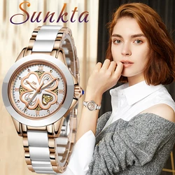 SUNKTA Yeni Bayanlar Izle Marka Lüks Kadın Saatler Su Geçirmez Gül Altın Taç Kuvars Dört yaprakları Petal İzle Kadınlar Montre Femme