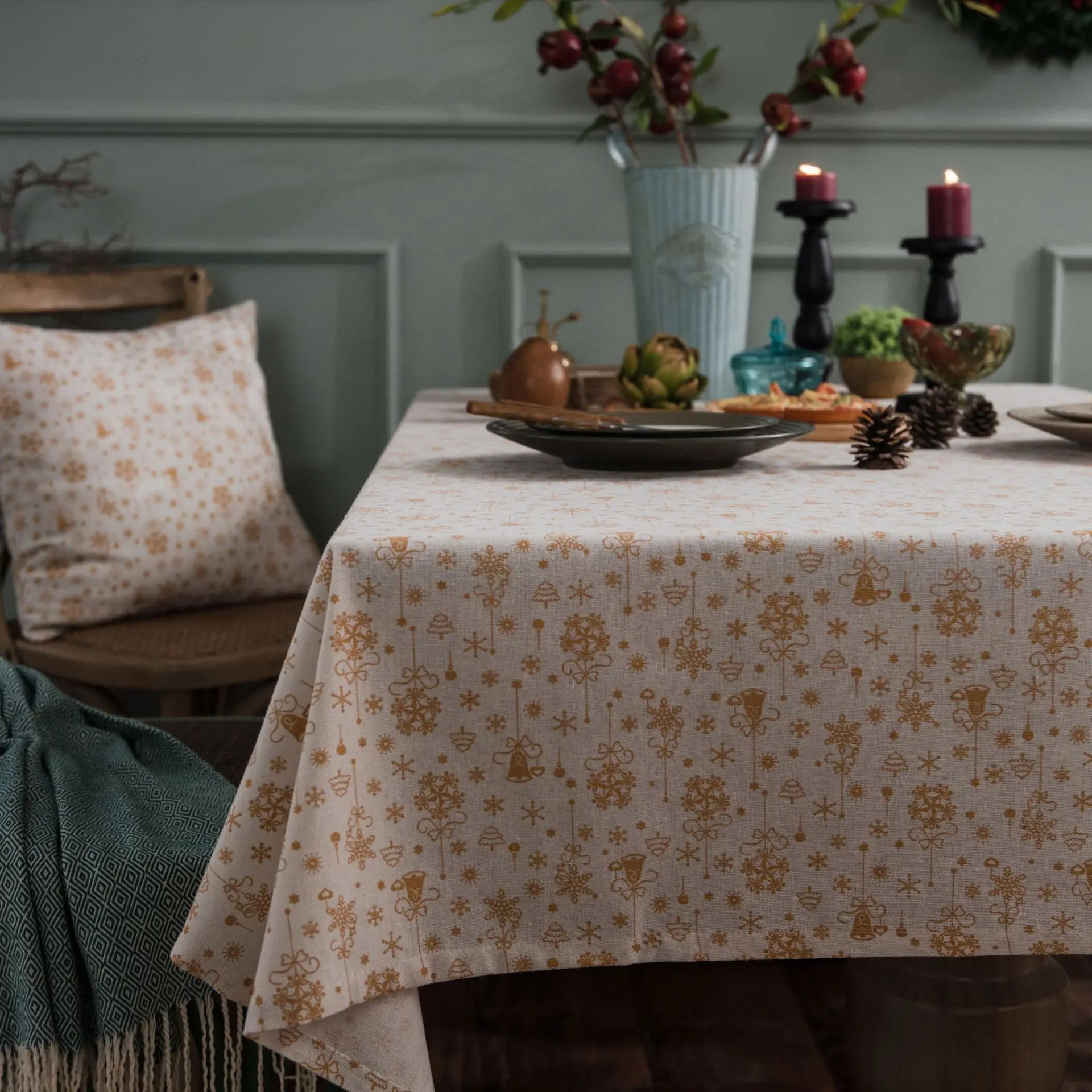 Green Bronzing Tablecloth with Christmas Pattern, Cloth, Pillowcase, Wedding Decoration, Banquet Table Cover, New Year