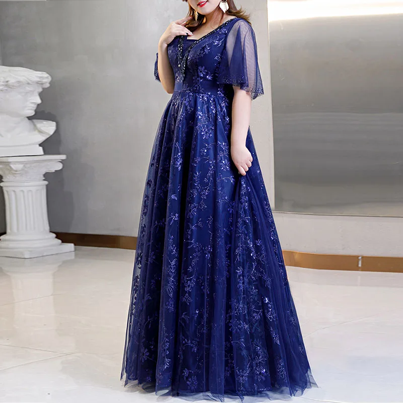 2020 PlusขนาดชุดราตรีDR1063 เซ็กซี่VคอRobe De Soiree Shining Navy Blueชุดราตรีผู้หญิงเลื่อมยาวชุดปาร์ตี้