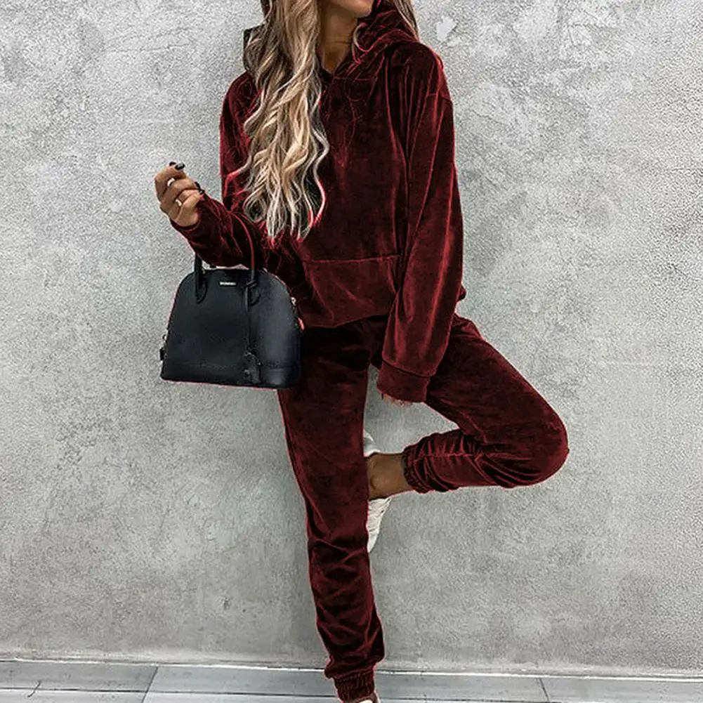 2pcs Warm Velvet Pant Suits Women Outfits Autumn Winter Hooded Sweatshirt Pants Two-piece Set Women Tracksuit комплекты одежды