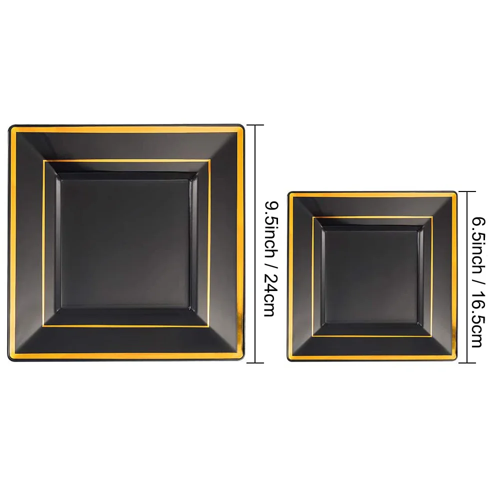 Elegant Disposable Plastic Dinner Plates,Heavy Duty Fancy Square Black with Gold Rim Plastic Salad/Dessert Plates for Party
