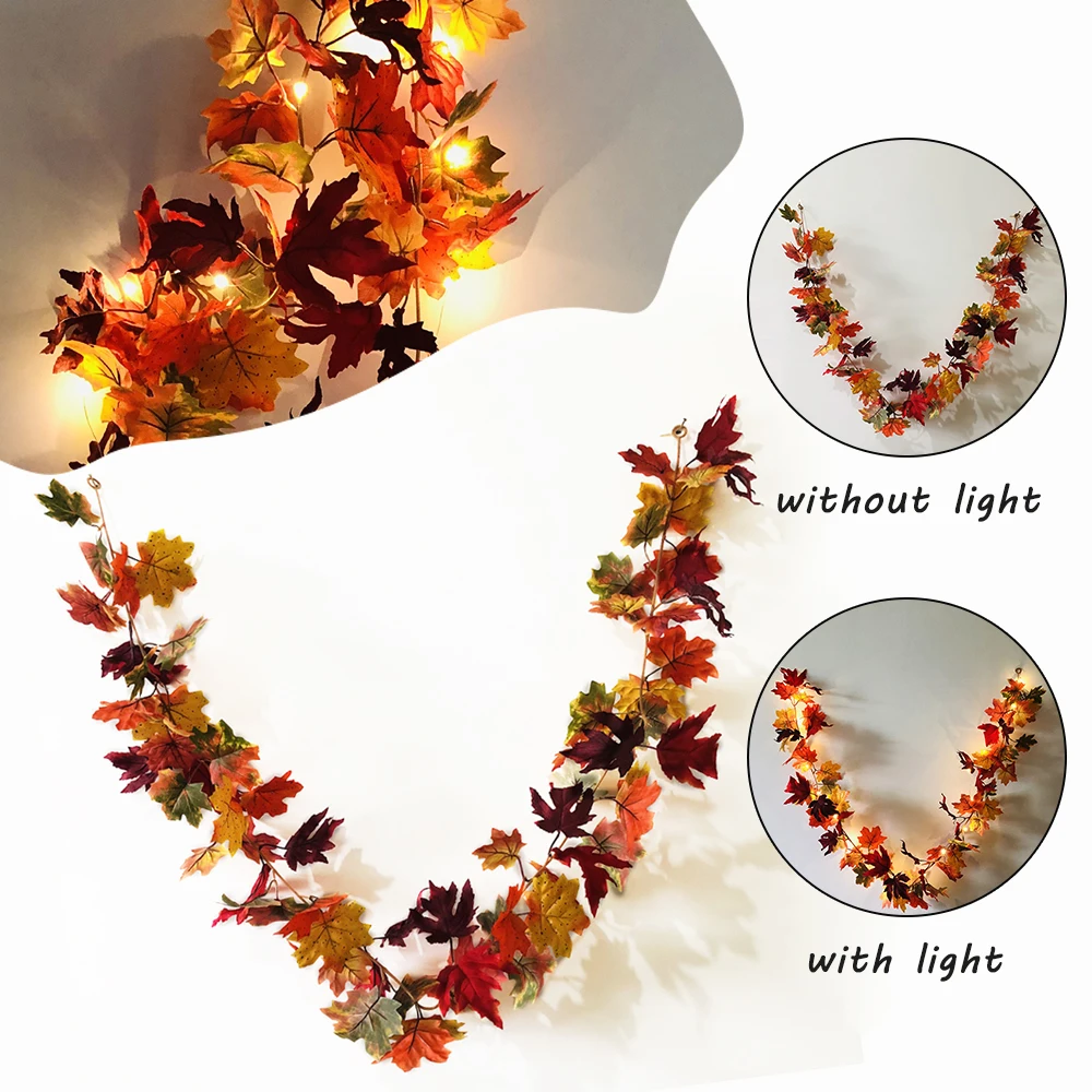 With/ Without LED Fall Maple Leaves Fairy String Light Autumn Leaf Garland Decor Xmas 1.7cm