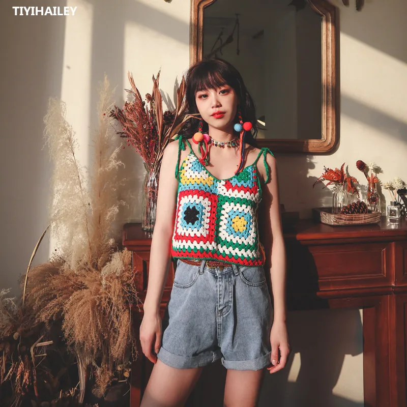 TIYIHAILEY Free Shipping 2021 New Fashion Sleeveless Summer Sweaters Tops Hand Made Knitted Crochet Colorful Short Camis