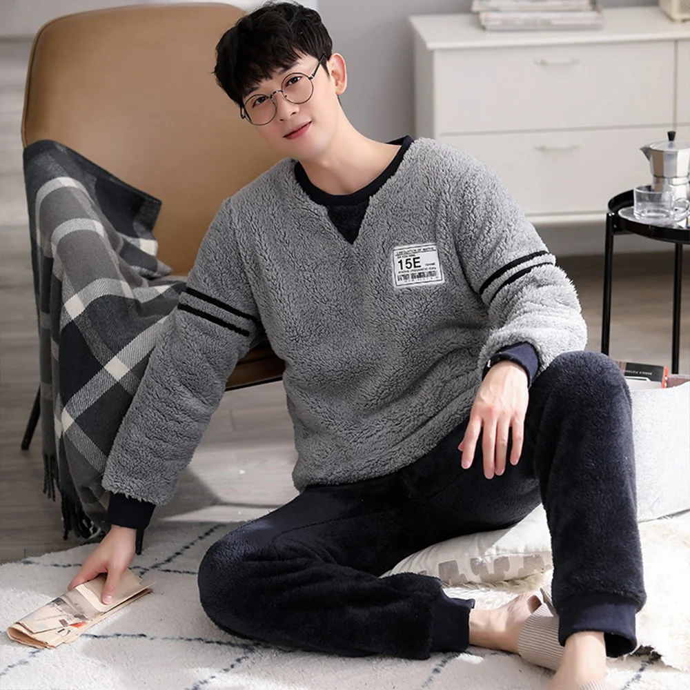 Pajama Man Winter Flannel Sleepwear Suit Thick Warm Coral Fleece Pajamas Sets for Men Casual Patchwork Cartoon Pijama Home Wear