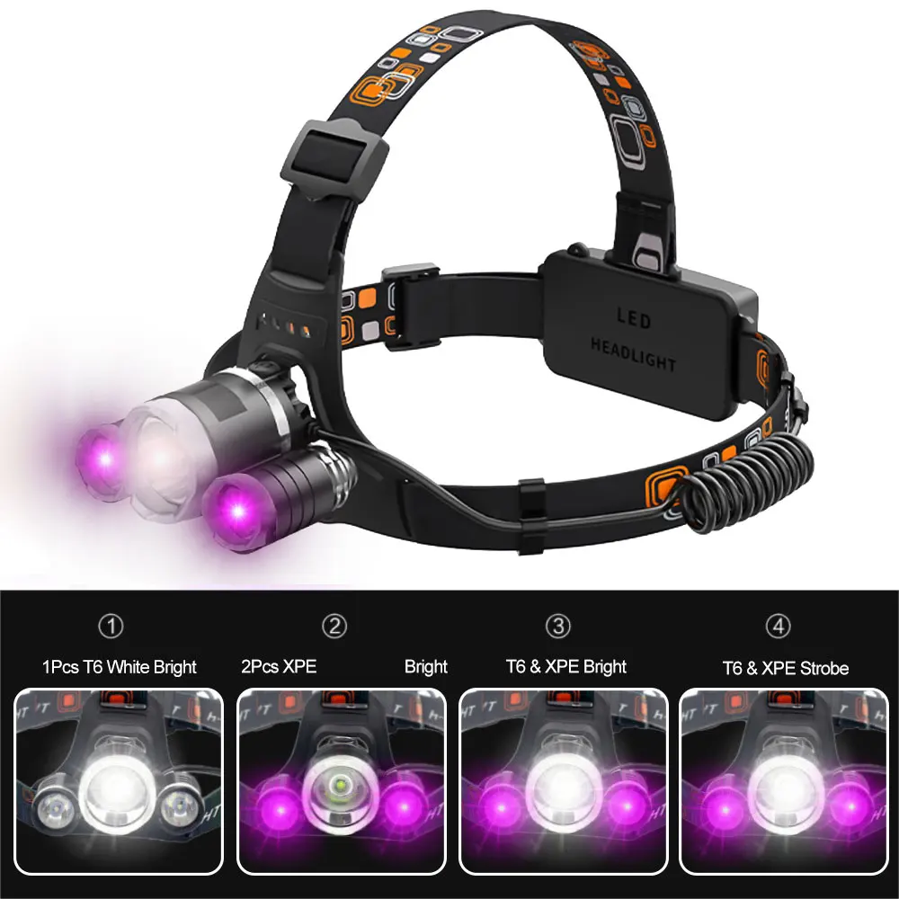 Drop Shipping 3 LED T6 XPE Headlamp UV Light Outdoor Headlight Waterproof USB 18650 Head Lamp Torches Lantern Flashlight Hunting