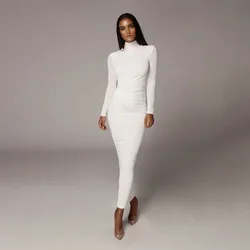 Summer New Women's Sexy Tight Hip Over Knee White Solid Long Sleeve High Collar Dresses Ladies