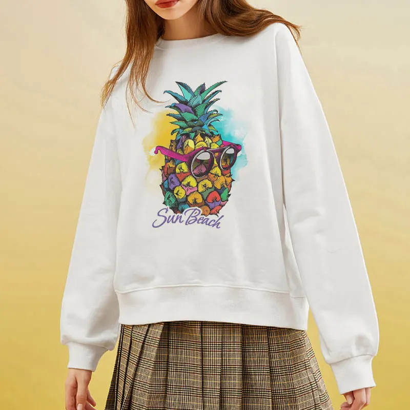 

Harajuku Korean Style Kawaii Pineapple Print Sweatshirt White Long-sleeved Fashion Casual Loose O-neck Pullovers Hoody Female