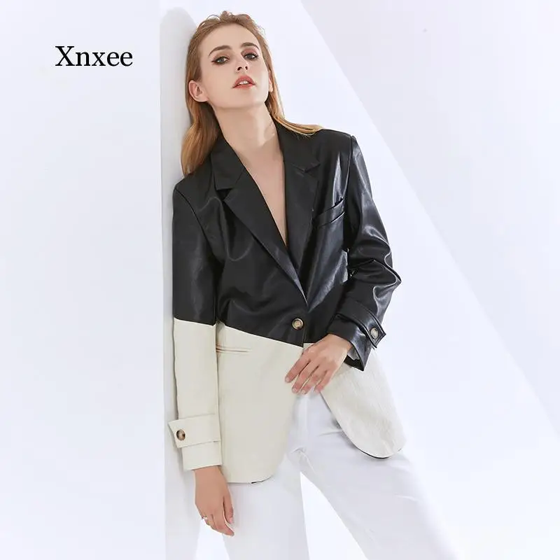 Patchwork Pu Leather Blazers for Women Notched Long Sleeve Hit Color Casual Coats Female Fashion Clothing Tide