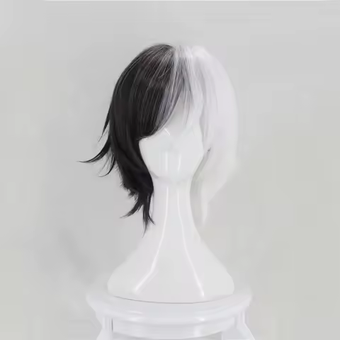 Kyuusaku Yumeno Half Black Half White Short Heat Resistant Synthetic Hair Anime Cosplay Wigs + Wig Cap