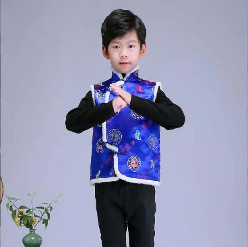 Chinese New Year Children Vest Cotton Tang Suit Boys Girls Winter Keep Warm Outwear Waistcoat Kids Satin Sleeveless Coat