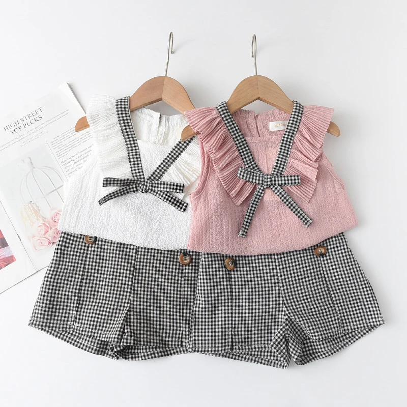 

Girls Clothing Sets Summer Children Chiffon Vest + Plaid Shorts 2pcs Kids Clothes Suits Tracksuits For 2-6Y Toddler Girl