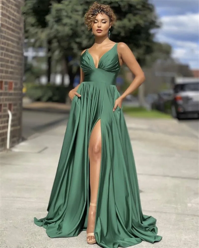 

2023 Hunter Green Evening Dress Spaghetti Straps Side Slit Silk Satin A-Line Prom Party Gown Sexy Vestidos De Fiesta Noche