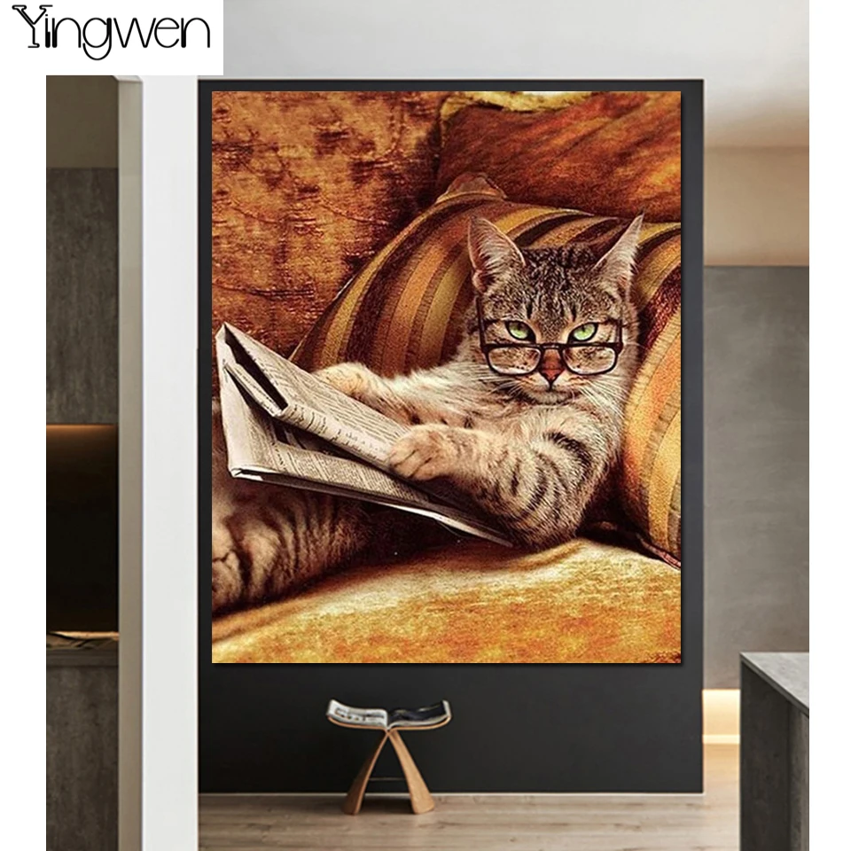 5D DIY Diamond Painting Cat Read Newspaper Full Diamond Embroidery Animal Cross Stitch Kits Rhinestones Mosaic Home Decoration