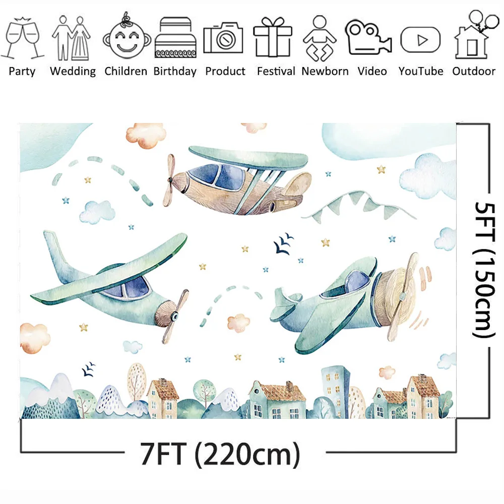 Fondo de fotografía de juguete de Avión Vintage, telón de fotografía de aventura, cielo azul, nubes blancas, cabina, estudio fotográfico