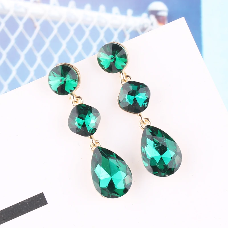 LUBOV 30 Kinds Crystal Green Stone Dangle Earrings Rhinestone Inlaid Geometric Metal Dangle Earrings Women Jewelry