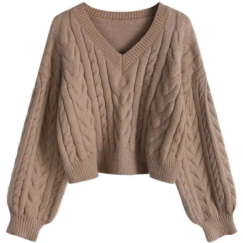 Maglione da donna 2021 autunno e inverno nuovo maglione con scollo a v Twist abbigliamento esterno da donna manica a sbuffo addensare Pullover Top a