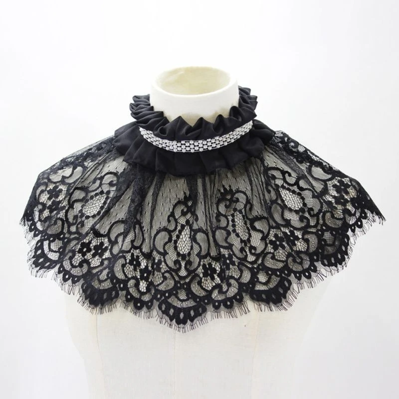 

Women Hollow Out Embroidered Floral Lace Wedding Shawl Bolero Ruffle Pleated High Neck Fake Collar Pearl Bridal Shrug Detachable