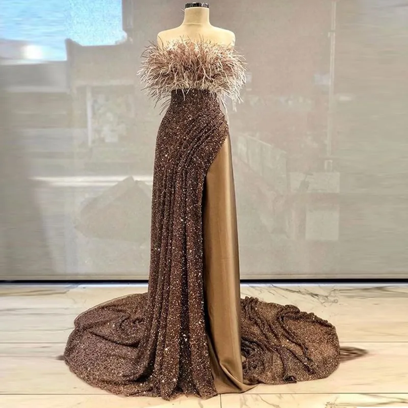 Elegant Strapless Evening Dresses Split Satin & Sequins Tulle with Furs Sleeveless Prom Dress Custom Made Formal Party Dress